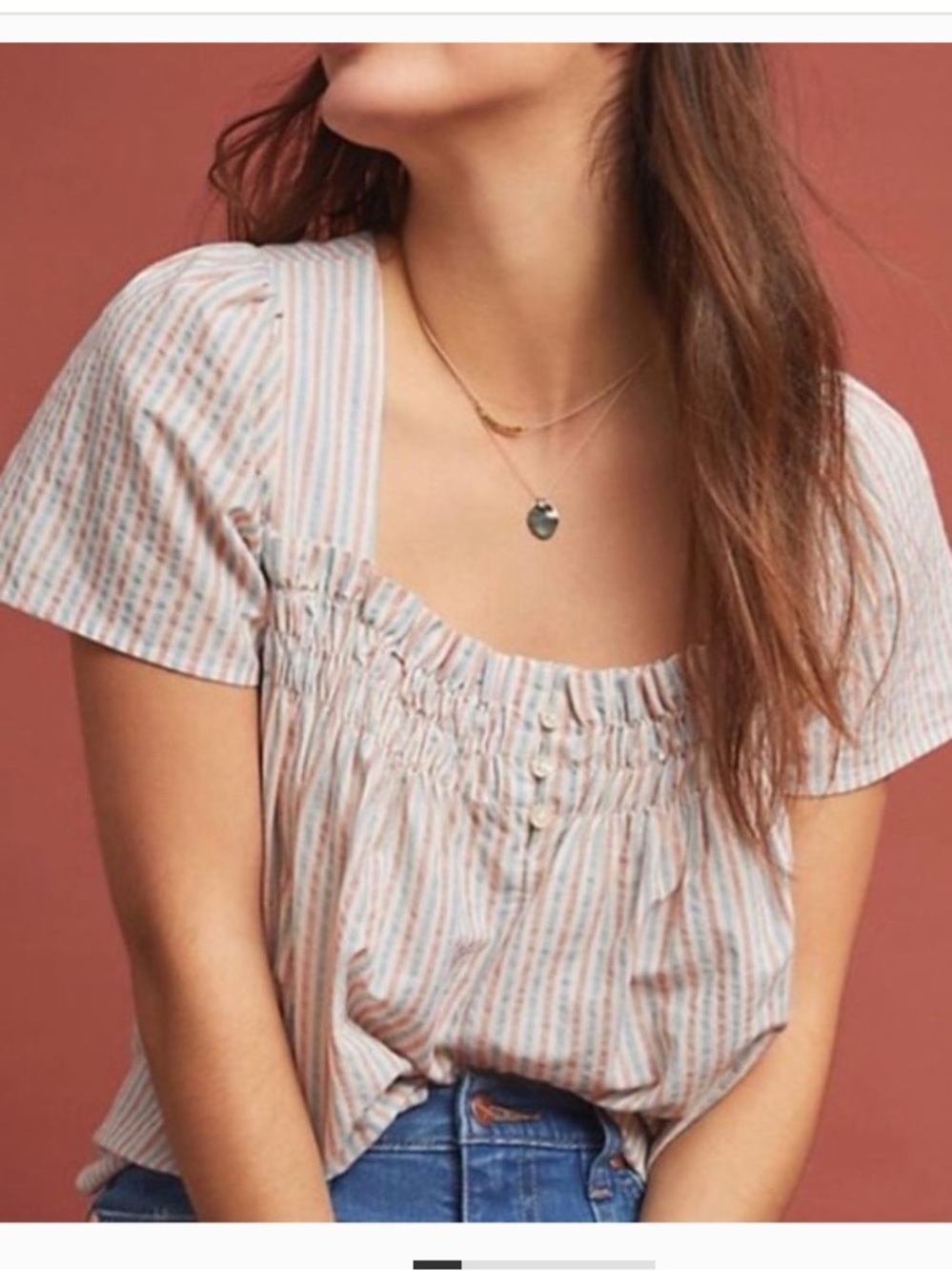 Anthropologie Isabelle Sinclair Cotton Striped Smocked Square-Neck Top Red Blue